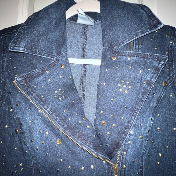 DG2 DIANE GILMAN EMBELLISHED DENIM BLUE ZIP MOTTO JACKET WITH ZIP FLARE SLEEVES - Picture 8 of 16